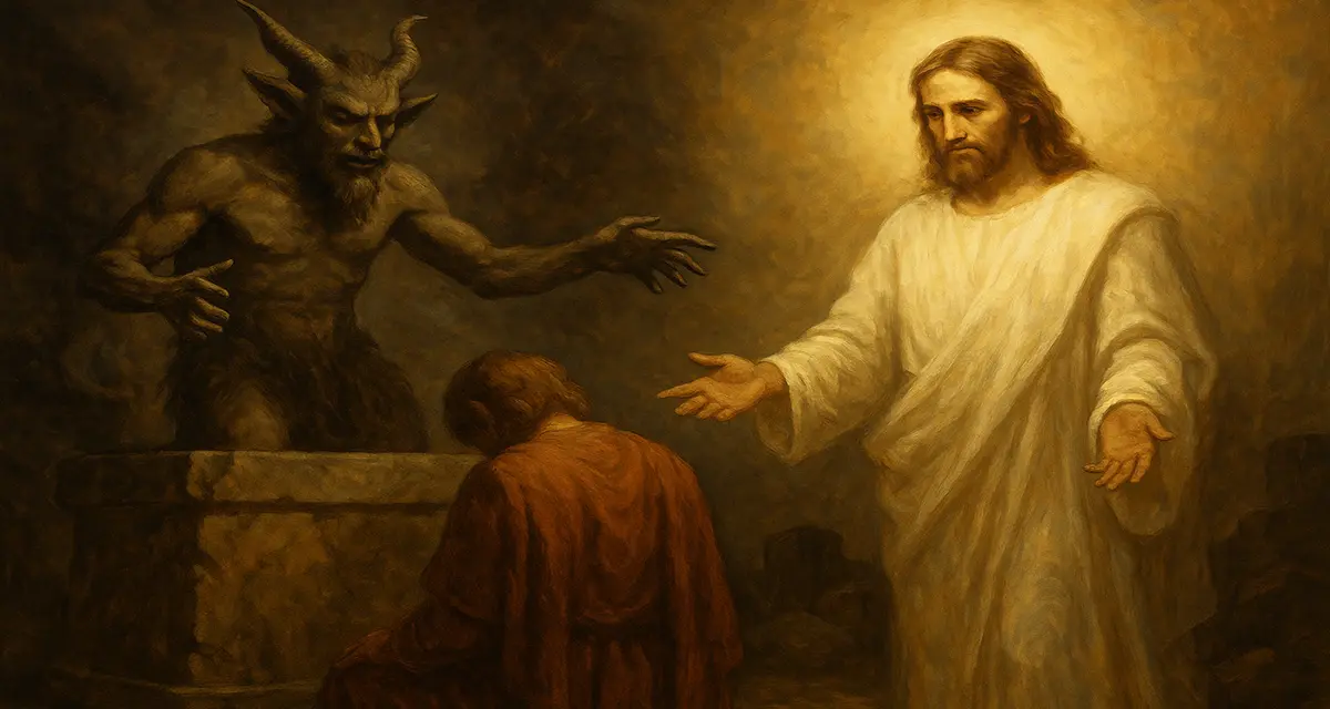 A dramatic oil painting showing a contrast between darkness and light: on the left, a demonic goat-like figure stands on a stone altar, while on the right, a radiant Christ figure extends His hands in mercy. A kneeling figure is caught between them, representing a soul torn between worship of false gods and the call of divine grace. The stone altar symbolizes idolatry, while the light evokes transformation into living stones in God's house.