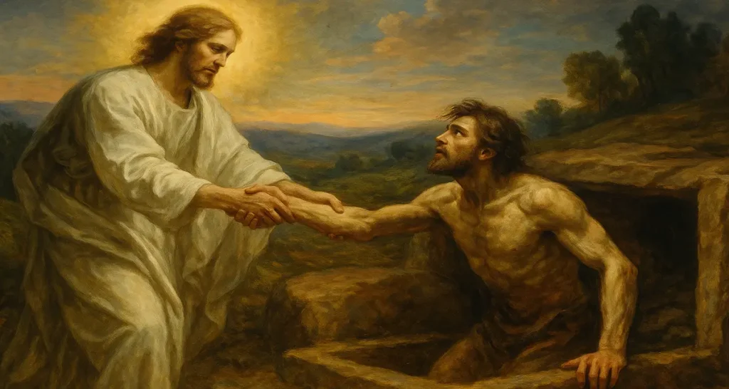 A traditional oil painting shows a radiant Christ figure reaching into a grave to lift a man made of dust and flesh. The scene captures the moment of resurrection, with the man's body emerging from the earth as particles of dust cling to his skin. The background reveals soft hills and a glowing sky, highlighting the contrast between death and divine light.