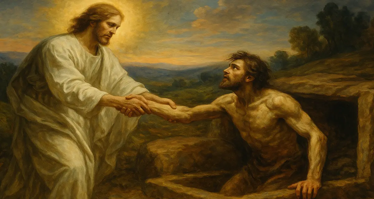 A traditional oil painting shows a radiant Christ figure reaching into a grave to lift a man made of dust and flesh. The scene captures the moment of resurrection, with the man's body emerging from the earth as particles of dust cling to his skin. The background reveals soft hills and a glowing sky, highlighting the contrast between death and divine light.