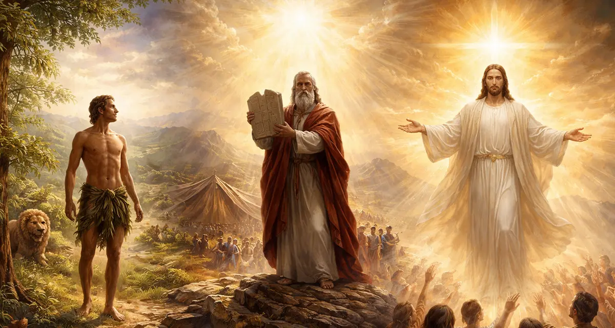 Symbolic illustration of Adam, Moses, and Jesus under radiant light, portraying God’s faithfulness across creation, covenant, and redemption.