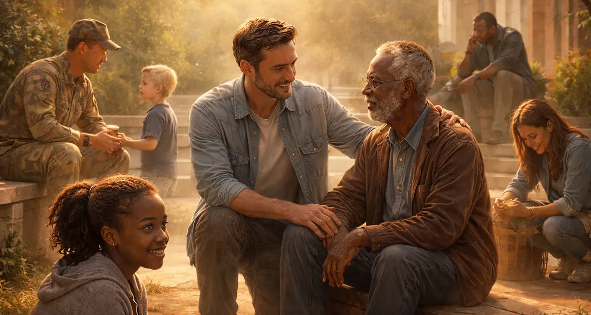 A diverse group of people outdoors showing acts of compassion and dignity — a man comforting an elderly man, a soldier receiving kindness from a child, women supporting immigrants, and others caring for the vulnerable in a peaceful, sunlit setting.