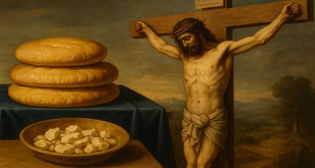 A symbolic scene showing Jesus on the cross with showbread and manna nearby, visually connecting the sacrificial fulfillment of “It is finished” with God’s continual provision in Scripture.