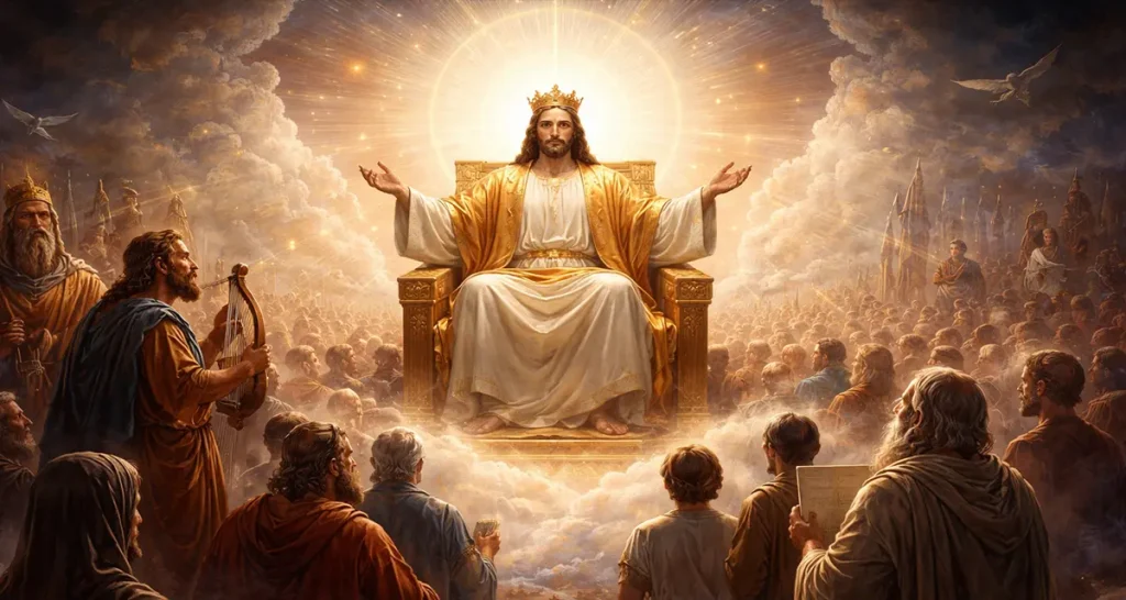 A majestic depiction of Jesus as the God-King seated on a radiant golden throne, surrounded by clouds, light, and a multitude of people, with biblical figures nearby witnessing His eternal reign.