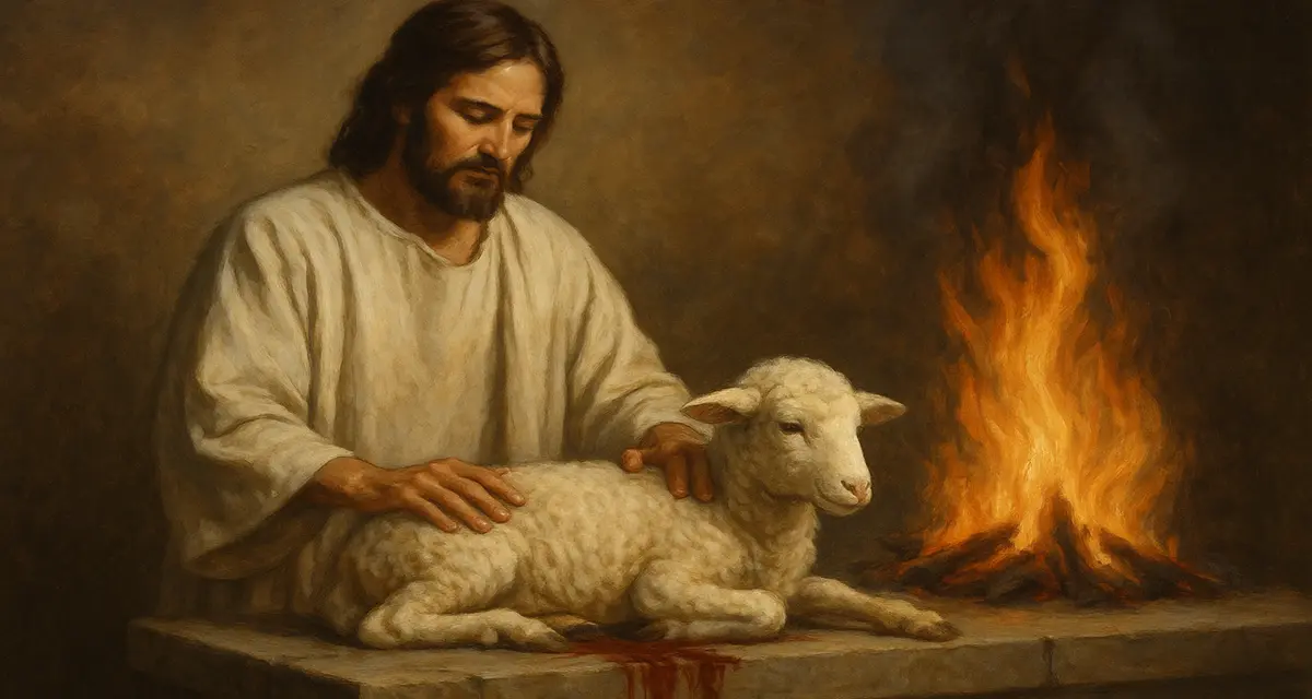 A solemn oil painting of Jesus Christ in a white robe standing beside a sacrificial lamb on an altar, gently touching the lamb as flames rise nearby, symbolizing the harmony of justice and righteousness through sacrificial love.
