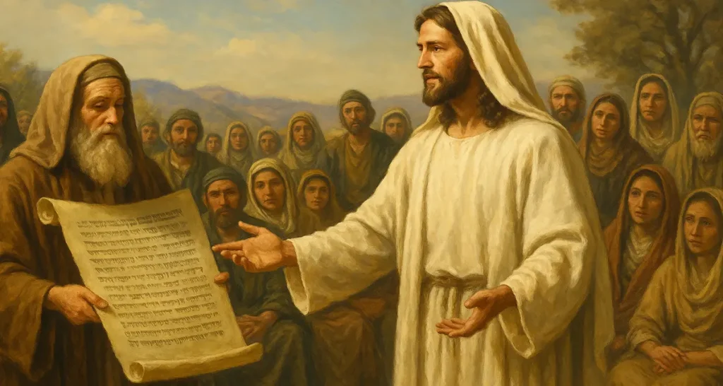 A traditional oil-style painting of Jesus teaching a diverse group of people outdoors under a warm sky. He gestures with open hands toward an elderly Jewish man holding a large scroll covered in Hebrew script. The scene depicts reverent listeners of different backgrounds, symbolizing unity, inclusion, and the beauty of obedience born from love and covenantal relationship.