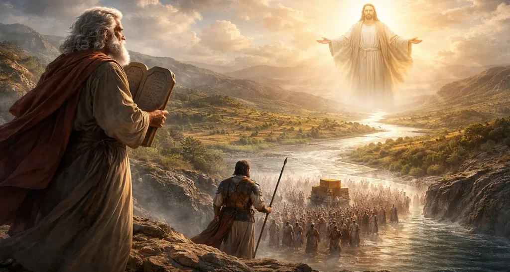 Moses holding the stone tablets overlooking Joshua leading Israel across the Jordan River as a radiant Christ appears above, visually portraying the poetry of redemption as the Law points to the Savior who brings God’s people into their true inheritance.