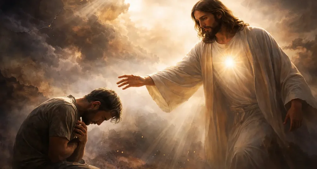 Jesus extends His hand toward a kneeling, broken man, warm light radiating from His heart as a symbol of divine mercy reaching a resistant soul.