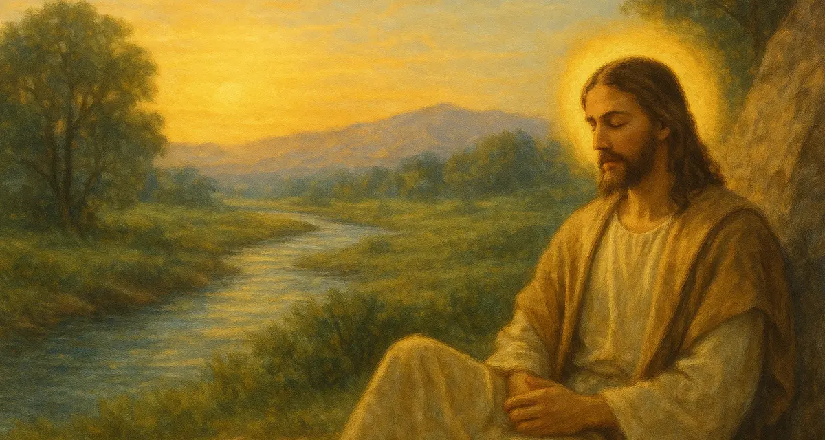Jesus resting peacefully at sunset beside a gentle river symbolizing the Sabbath rest, surrounded by a serene landscape that reflects divine peace, renewal, and the harmony of creation and redemption.