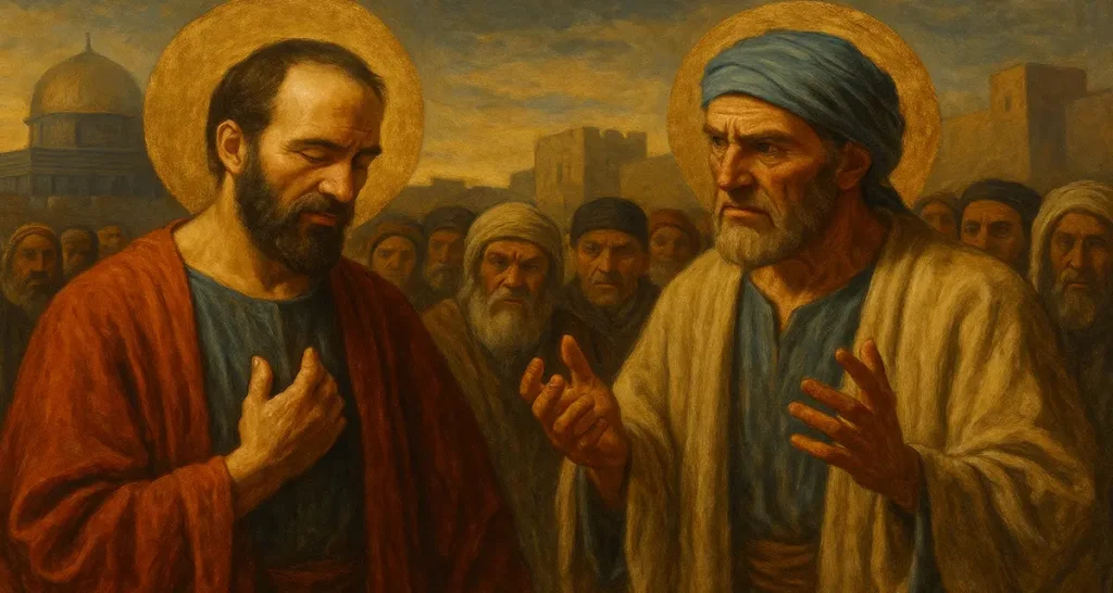 Two central male figures stand in a crowd within an ancient city, one with a serene expression and the other with a stern gaze, symbolizing the tension between Jewish leaders and the revelation of salvation to the Gentiles; the background includes a domed structure and weathered stone buildings, evoking Jerusalem during the early Church era.