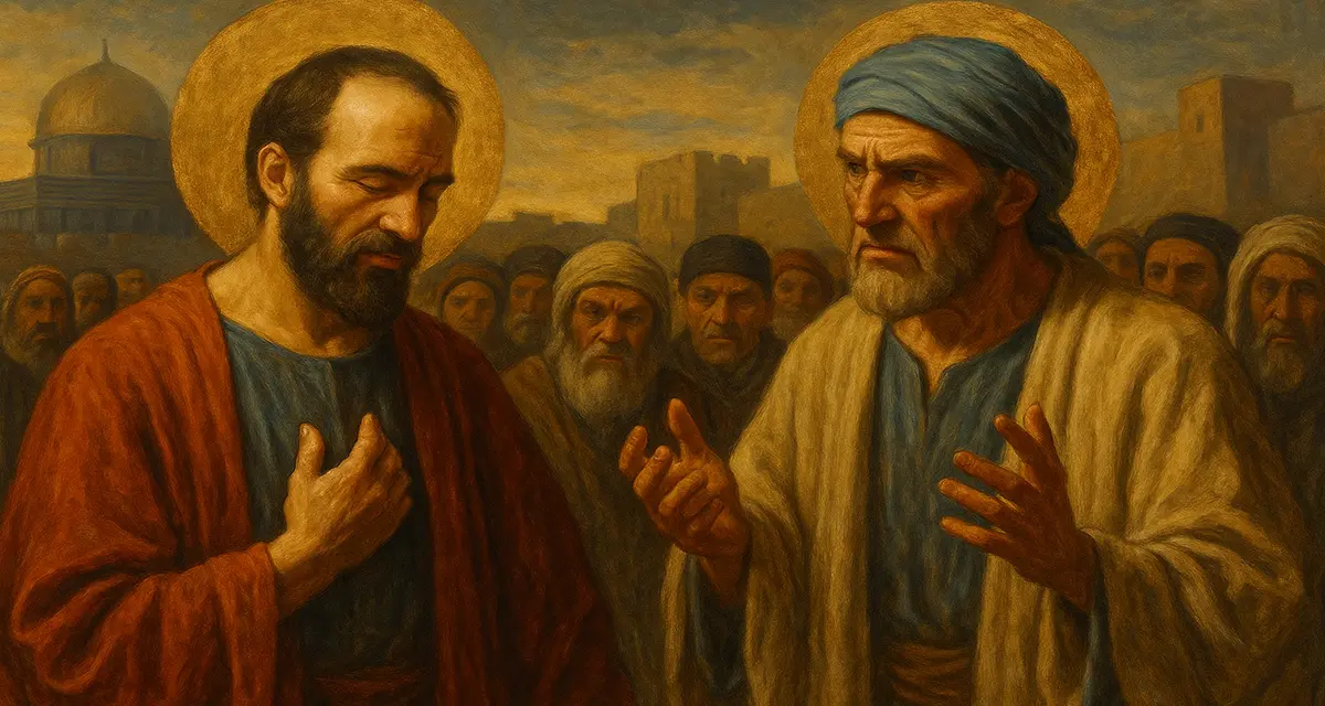 Two central male figures stand in a crowd within an ancient city, one with a serene expression and the other with a stern gaze, symbolizing the tension between Jewish leaders and the revelation of salvation to the Gentiles; the background includes a domed structure and weathered stone buildings, evoking Jerusalem during the early Church era.