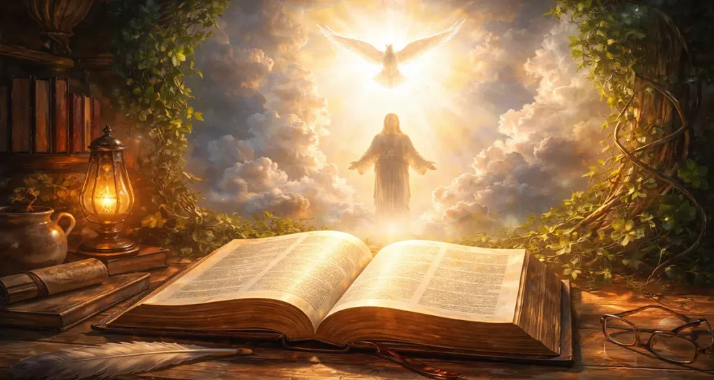 An open, glowing Bible resting on a wooden table, surrounded by warm light, vines, and symbolic elements of divine revelation, with Christ standing in radiant light and a descending dove above Him, representing the Spirit’s role in sanctification and spiritual illumination.