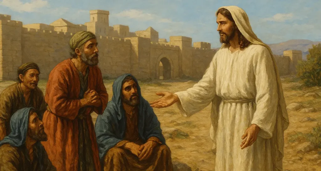 A traditional-style painting of Jesus standing outside a walled city, extending His hand in welcome to four men dressed as strangers or foreigners, who listen attentively. The scene symbolizes the invitation of outsiders into the covenant community.