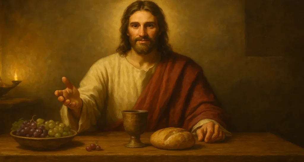 Serene depiction of Jesus seated at a simple wooden table bathed in warm light, symbolizing divine fellowship, sacrificial love, and holy communion.