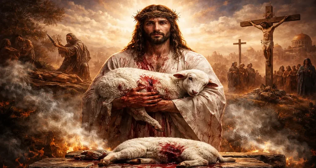 Jesus stands at the center holding a blood-stained lamb in His arms, with another slain lamb lying on a stone altar below. His robe and hands are marked with blood, and a crown of thorns rests on His head. In the background, Abraham prepares to sacrifice Isaac on one side, while Christ hangs on the cross on the other, both scenes surrounded by dramatic clouds, fire, smoke, and a warm, glowing sky.