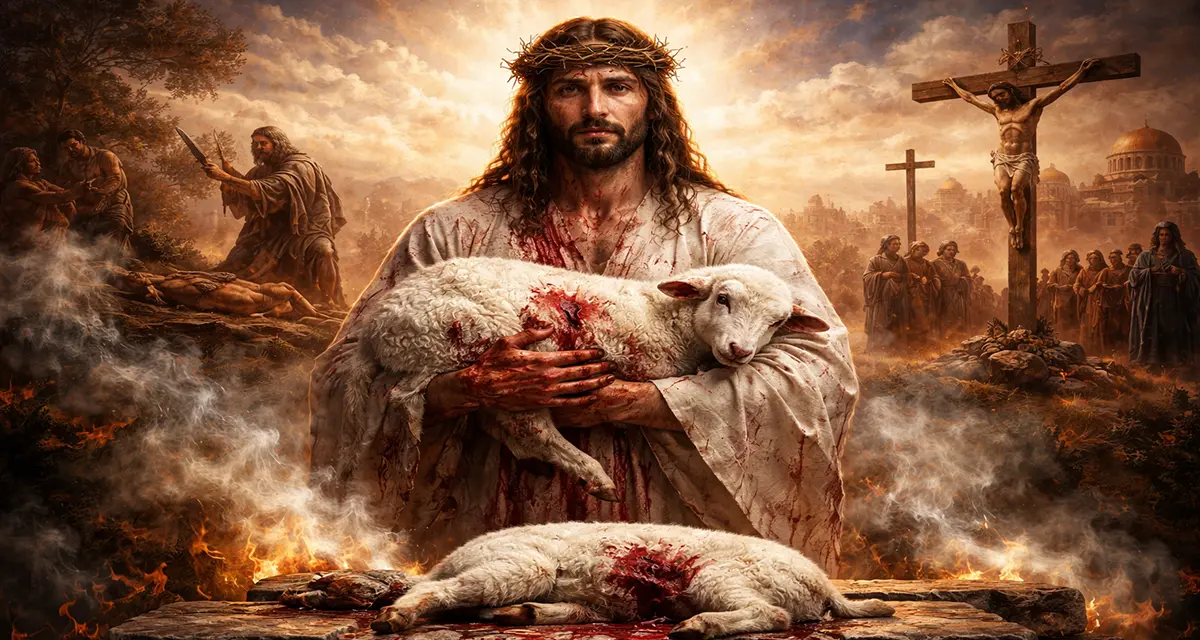 Jesus stands at the center holding a blood-stained lamb in His arms, with another slain lamb lying on a stone altar below. His robe and hands are marked with blood, and a crown of thorns rests on His head. In the background, Abraham prepares to sacrifice Isaac on one side, while Christ hangs on the cross on the other, both scenes surrounded by dramatic clouds, fire, smoke, and a warm, glowing sky.