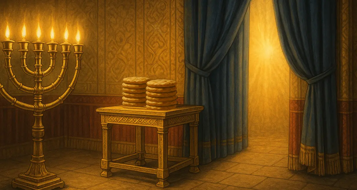 A warm, detailed illustration of the true tabernacle's holy place, showing the golden lampstand glowing on the left, the table of showbread with twelve loaves at the center, and the parted blue veil on the right with radiant light shining from the Holy of Holies, symbolizing God's presence dwelling among His people.