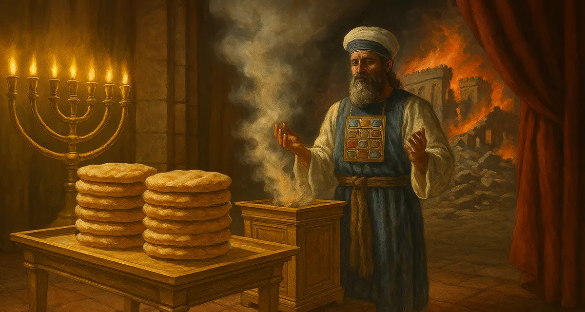 An oil painting of an ancient Israelite priest inside the temple, standing beside a table with twelve loaves of showbread arranged in two stacks. A golden menorah glows to the side, incense rises from a small altar, and fiery ruins of a distant structure are visible through an archway behind heavy red curtains, symbolizing the contrast between divine preservation and judgment.
