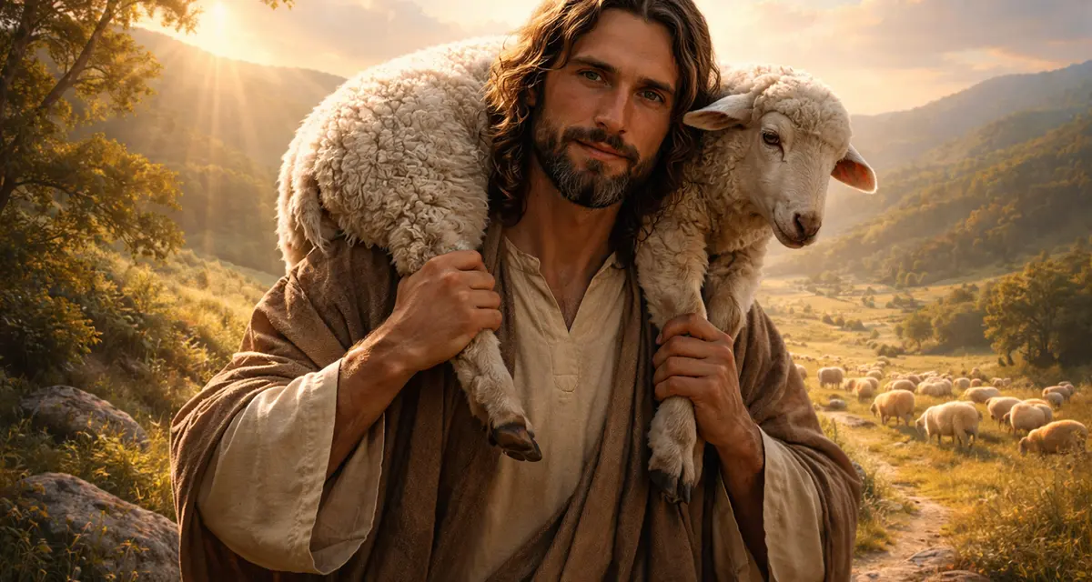 Jesus- the good shepherd - gently carries a lost sheep on His shoulders while standing in a sunlit landscape of rolling hills, with a flock grazing in the distance under a warm golden sky.