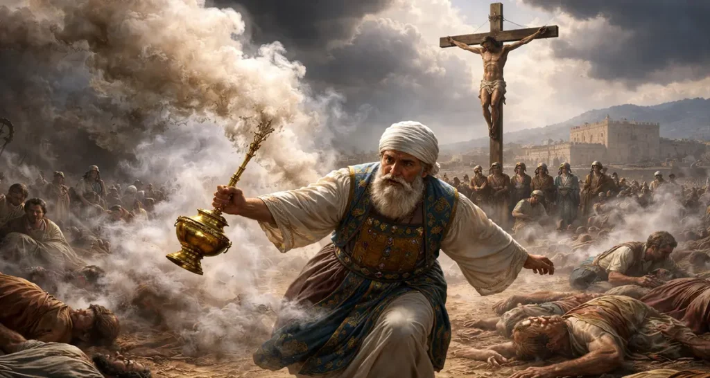 High priest Aaron runs through a scene of cosmic judgment, swinging a golden censer as smoke billows around him, standing between the dead and the living, while in the background Jesus hangs on the cross under darkened, stormy skies.