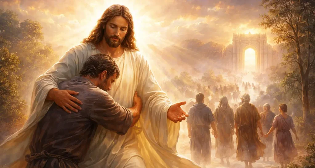 Jesus embracing a repentant man in a warm, radiant landscape as people walk toward a distant light, symbolizing reconciliation, mercy, and the restoring heart of God.