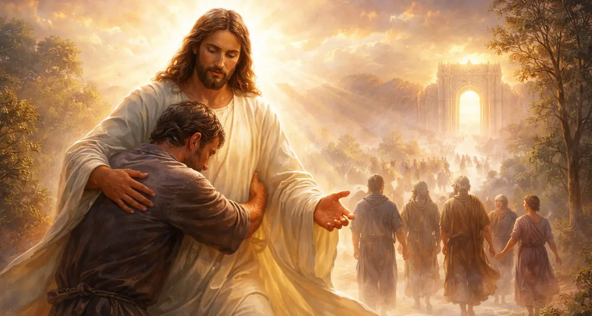 Jesus embracing a repentant man in a warm, radiant landscape as people walk toward a distant light, symbolizing reconciliation, mercy, and the restoring heart of God.