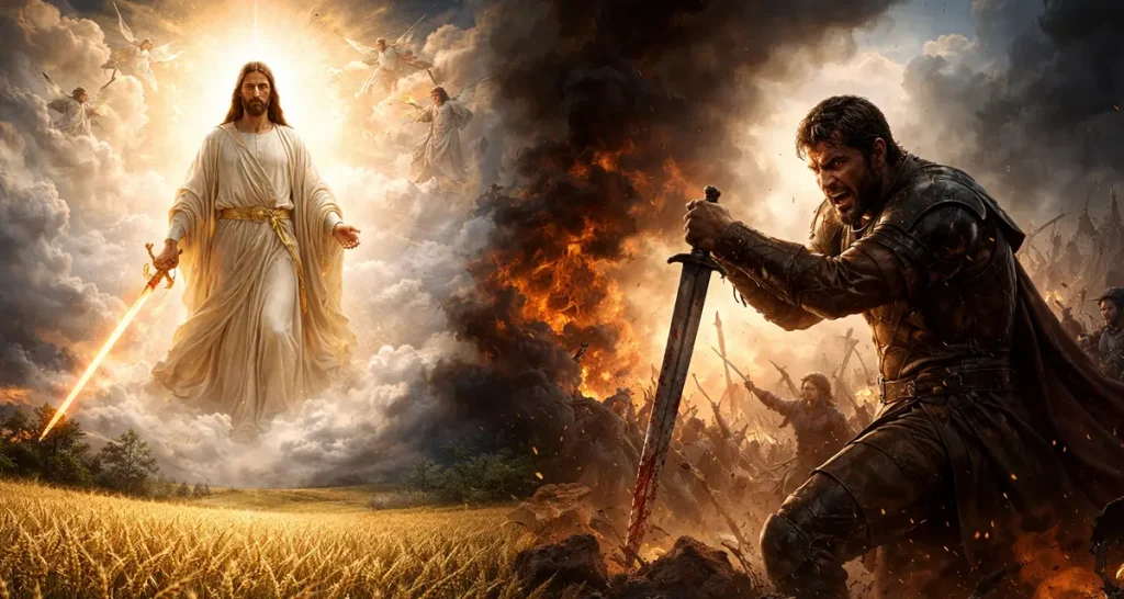 Radiant Christ above a wheat field facing a battle-worn warrior amid fire and smoke, portraying divine judgment contrasted with human vengeance.