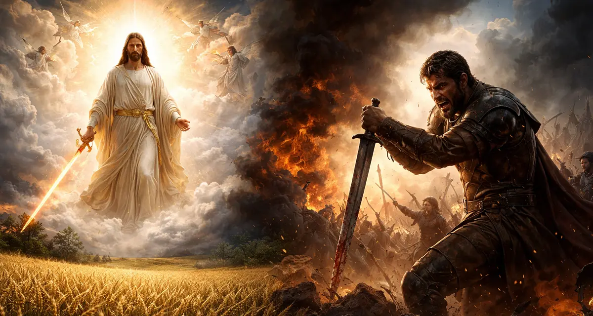 Radiant Christ above a wheat field facing a battle-worn warrior amid fire and smoke, portraying divine judgment contrasted with human vengeance.