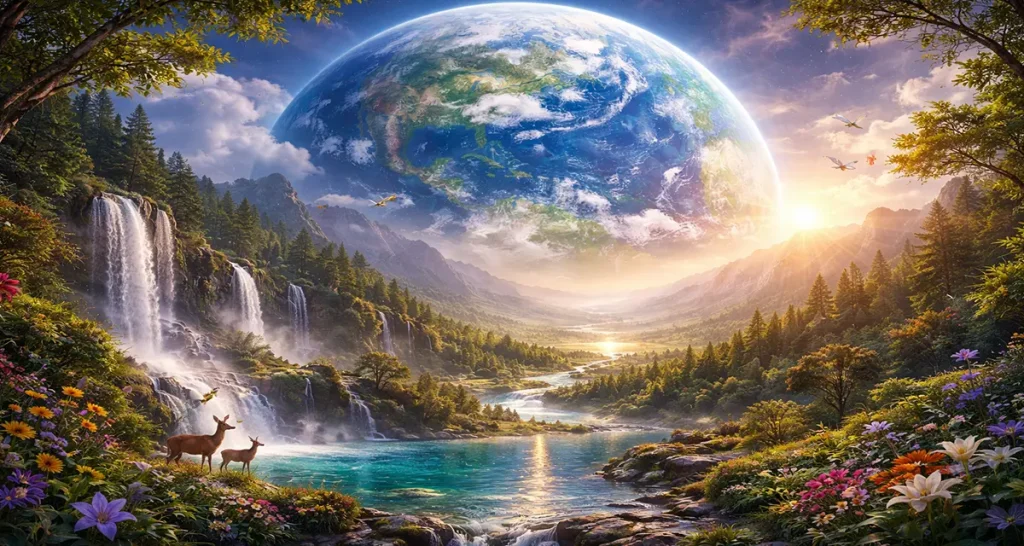 A serene, Eden-like landscape with waterfalls, forests, and vibrant flowers opening into a glowing valley beneath a large, radiant Earth in the sky, visually portraying Earth as a sanctuary filled with life and divine beauty.