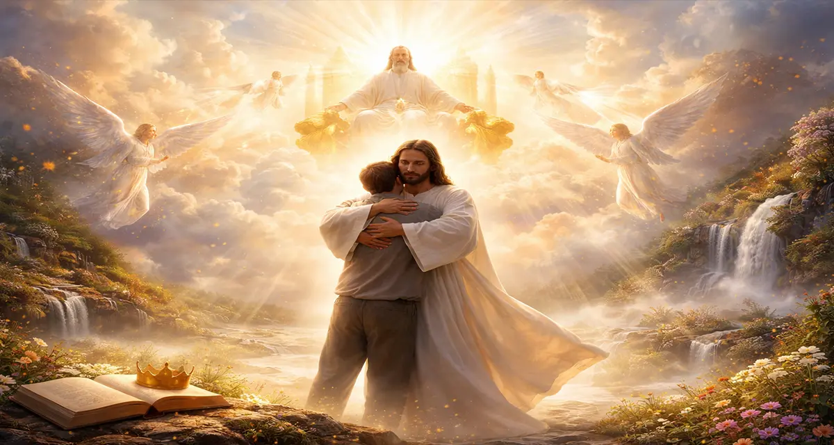 A serene, radiant scene of Jesus gently embracing a believer beneath a warm, heavenly light, symbolizing divine protection, acceptance, and the security of salvation.