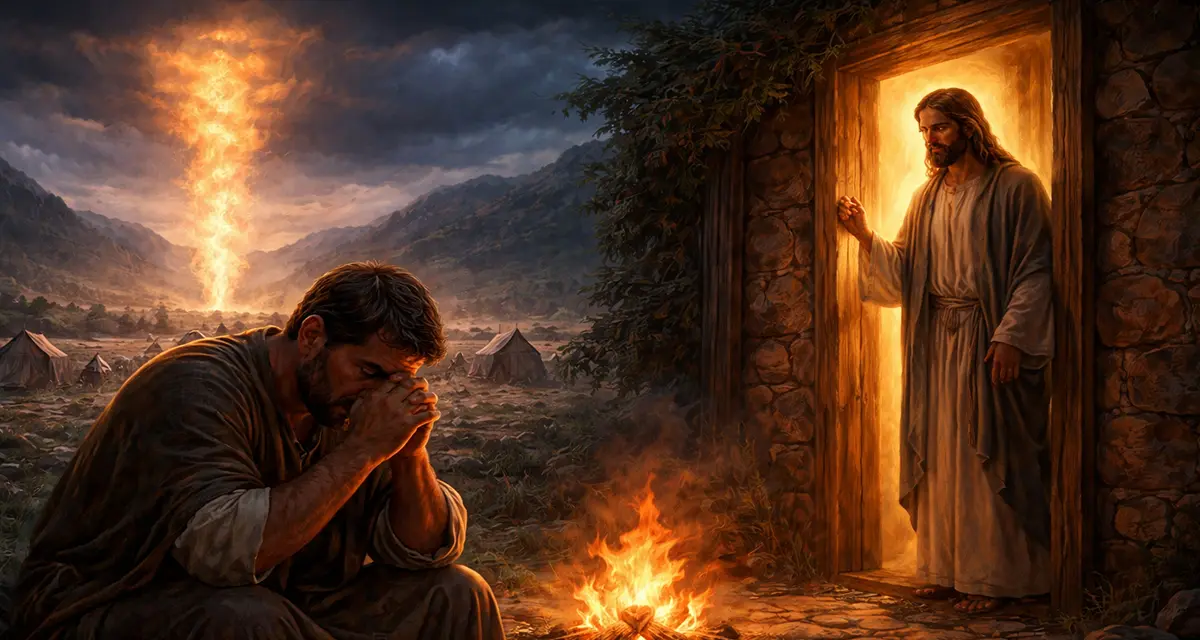 A weary man sits by a small campfire in a desert wilderness, wrestling with fear, while Jesus stands at the door of a nearby hut gently knocking, and a pillar of fire rises over the distant Israelite camp—symbolizing the contrast between fear and faith.