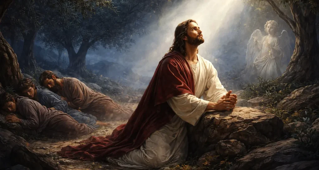 Jesus kneels in deep prayer in the Garden of Gethsemane at night, illuminated by a soft heavenly light, while His disciples sleep nearby under the olive trees and an angel watches over Him from a distance.