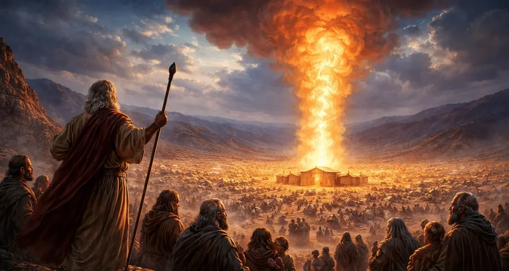 A wide desert landscape filled with the encamped Israelites, with Moses standing on a rocky overlook holding his staff, as a towering pillar of fire rises from the tabernacle at the center of the camp, illuminating the wilderness at dusk and symbolizing God’s powerful presence among His people.