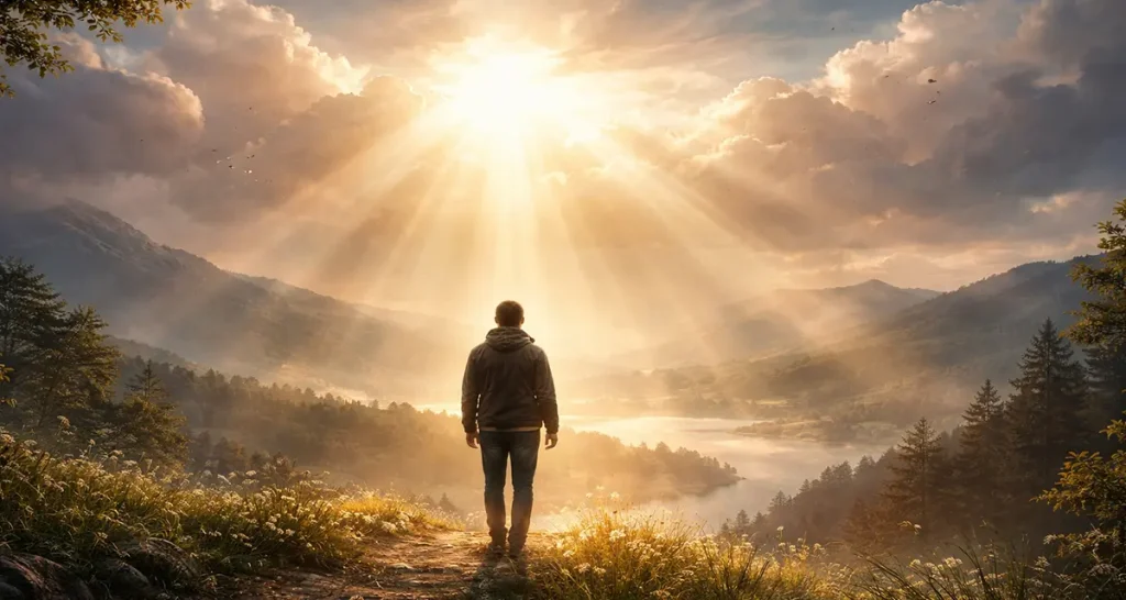 A person stands on a sunlit hilltop, facing a radiant burst of light breaking through the clouds, symbolizing the presence and goodness of God illuminating the landscape below.