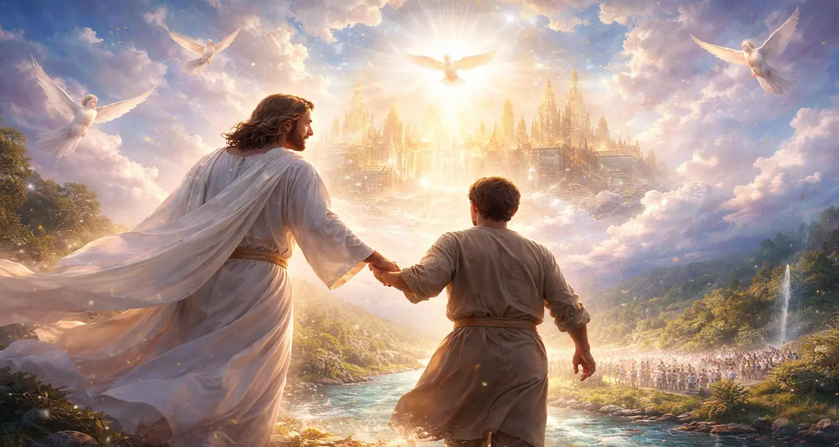 A radiant scene depicting Jesus gently guiding a believer toward a luminous heavenly realm, with flowing light, angelic presence, and a serene landscape symbolizing the journey into heavenly things.