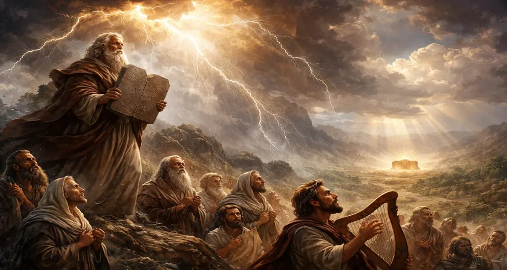 A dramatic biblical scene of Moses holding the tablets of the Law as lightning surrounds the mountain, with people gazing upward in reverence and David playing the harp below, symbolizing the journey from fear to intimacy with God’s Word