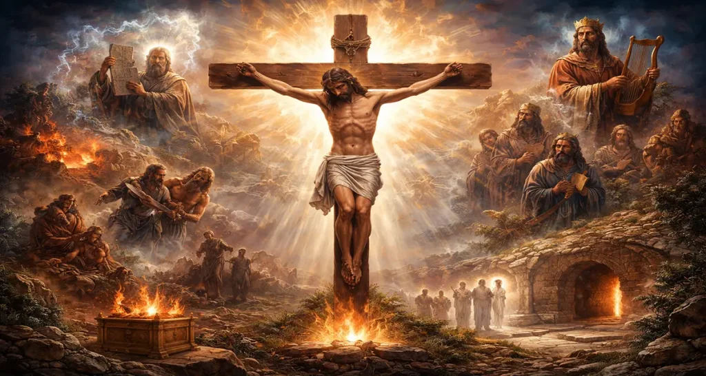 A dramatic biblical scene showing Jesus on the cross radiating light, surrounded by Old Testament figures like Abraham, Moses, and David, symbolizing the unfolding and fulfillment of the messianic promise.