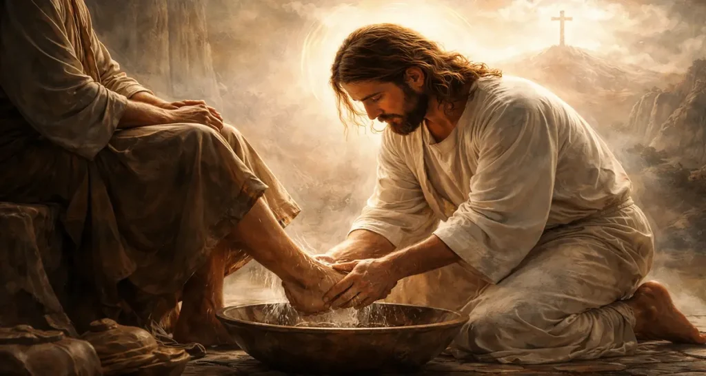 A serene artwork portraying Jesus kneeling to wash a disciple’s feet, visually expressing the kenosis —His humble self-emptying—through gentle light, simple garments, and a distant cross glowing in the background.