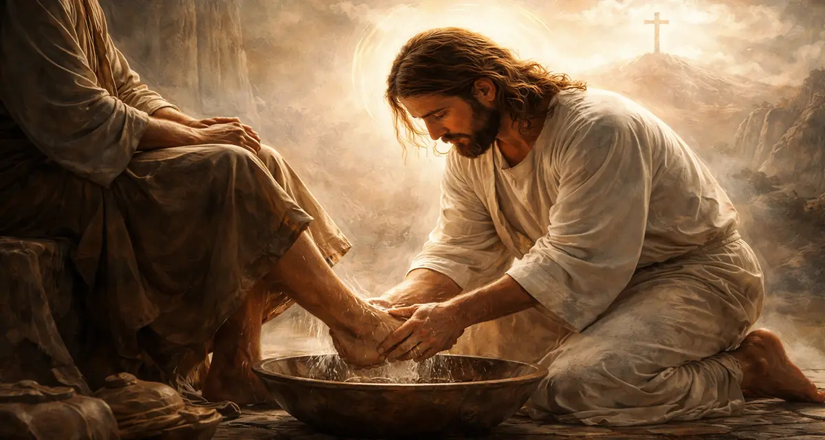 A serene artwork portraying Jesus kneeling to wash a disciple’s feet, visually expressing the kenosis —His humble self-emptying—through gentle light, simple garments, and a distant cross glowing in the background.