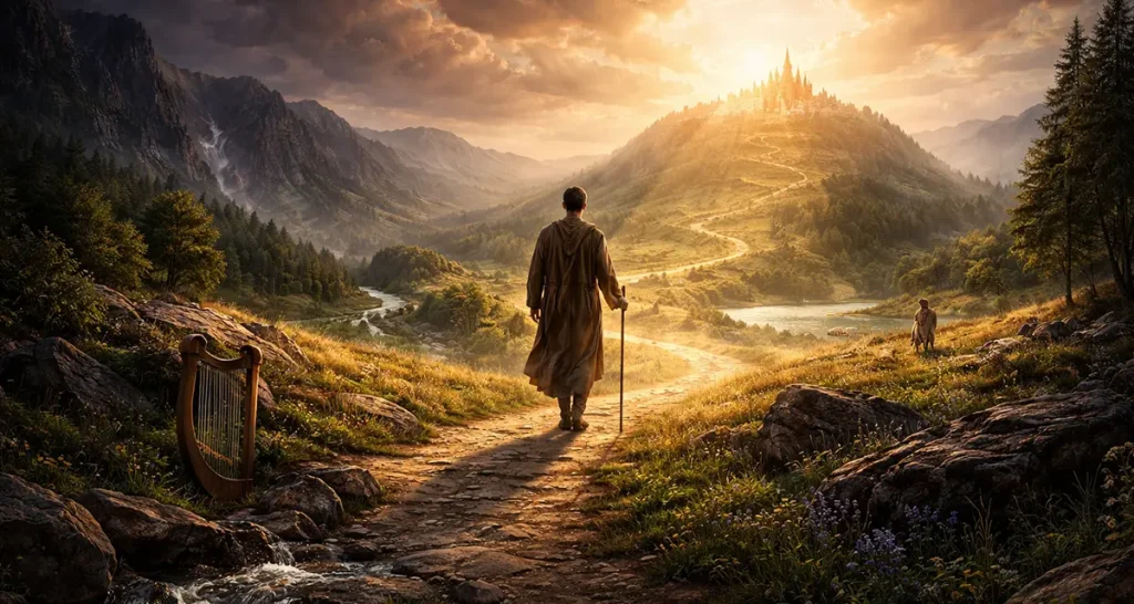 A lone traveler walking a winding sunlit path through mountains and valleys toward a glowing city on a hill, symbolizing the journey of the soul in the Psalms, with a harp by a stream and shifting landscapes reflecting both struggle and hope.
