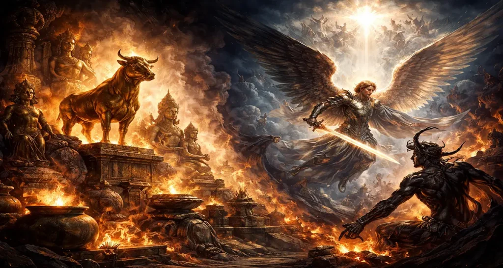 A dramatic illustration showing the contrast between idolatry and spiritual warfare, with burning golden idols on one side and a radiant angel confronting a dark demonic figure on the other, symbolizing the conflict between false worship and divine truth.