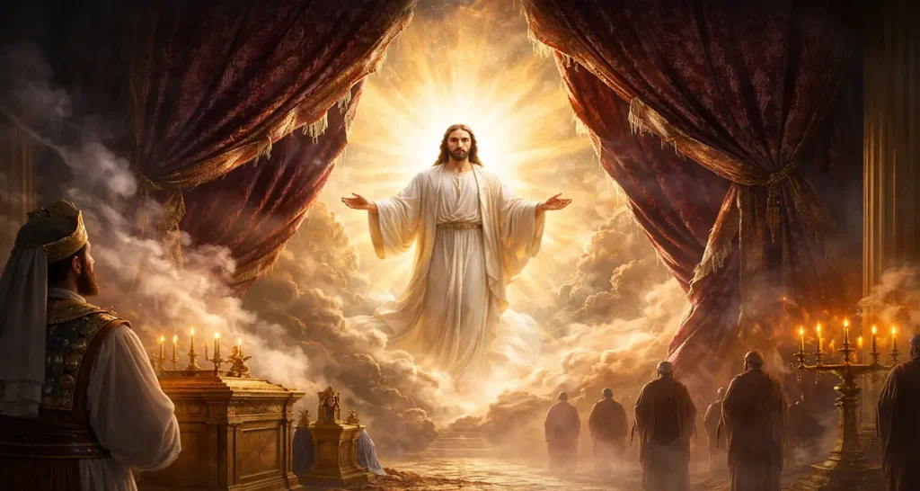 A radiant depiction of Jesus emerging in brilliant light as the temple veil is torn open, symbolizing the New Covenant. Ancient priests stand before golden altars, incense, and sacred furnishings of the Old Covenant, watching as Christ’s glory fills the scene and replaces the former symbols with His living presence.