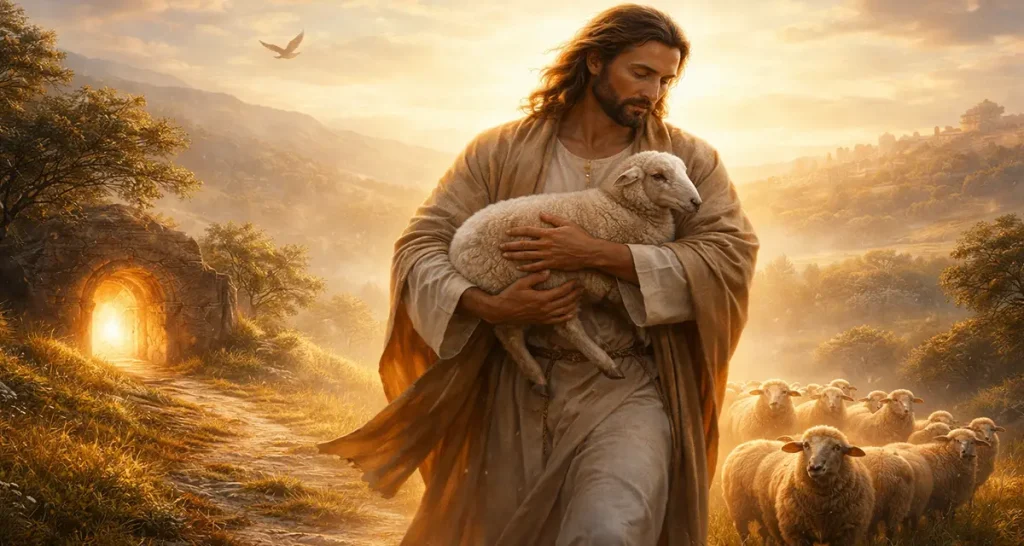 Jesus portrayed as the Good Shepherd carrying a sheep in warm morning light, symbolizing new life, restoration, and the believer’s new nature in Christ.