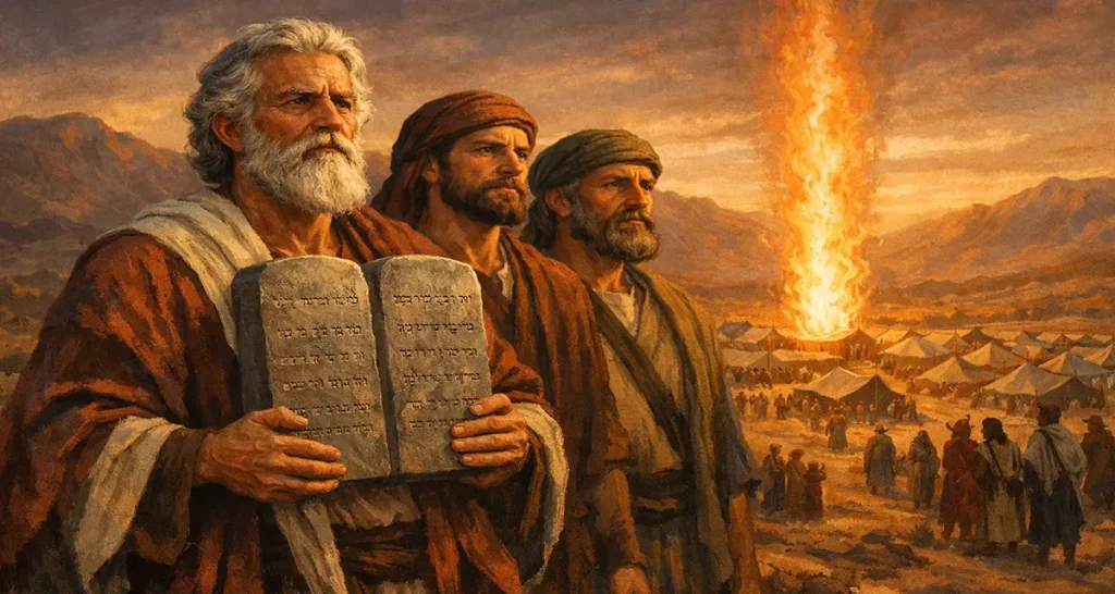 Moses stands in the foreground holding two stone tablets as Joshua and Caleb stand beside him, overlooking the Israelite camp during the wilderness tests. A towering pillar of fire rises above the tabernacle in the center of the camp, with desert mountains glowing in the sunset behind them.