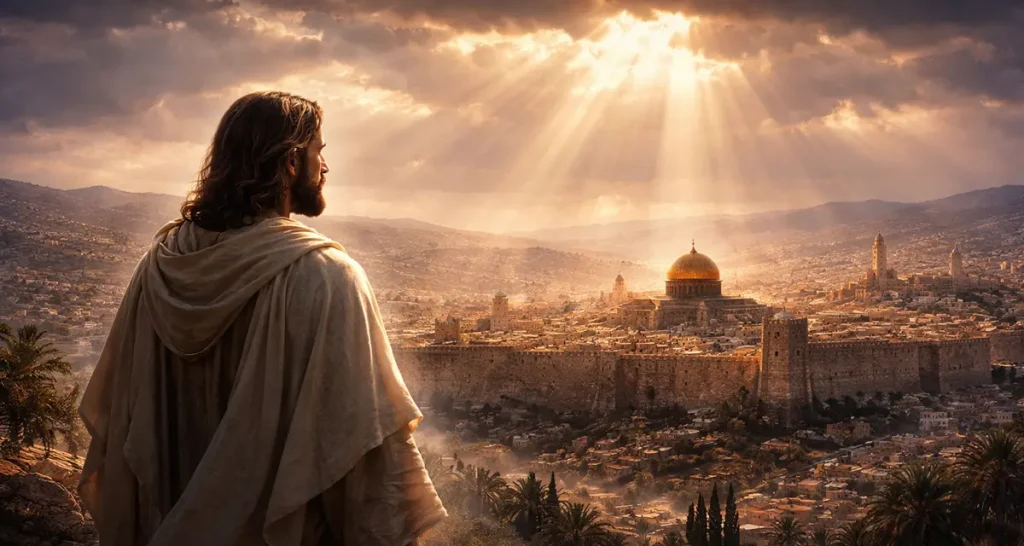 Jesus overlooking ancient Jerusalem at sunset, golden light breaking through clouds as a symbol of the true peace of Israel coming from the Messiah rather than nations.