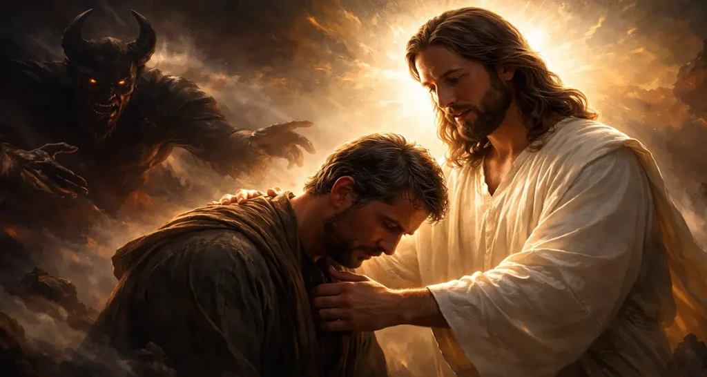 Digital painting showing Jesus placing a comforting hand on a sorrowful Peter while warm light radiates behind Him, as a shadowy, demonic figure reaches forward from the darkness in the background, symbolizing Satan’s failed attempt to sift Peter.