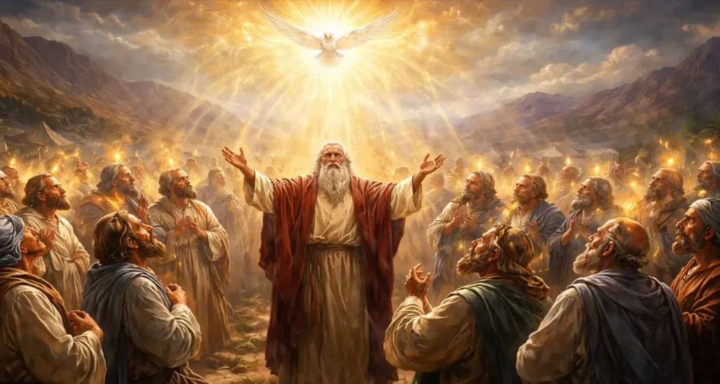 Moses standing in the wilderness surrounded by elders, illuminated by a warm divine light from above, symbolizing shared spiritual leadership and the distribution of responsibility.