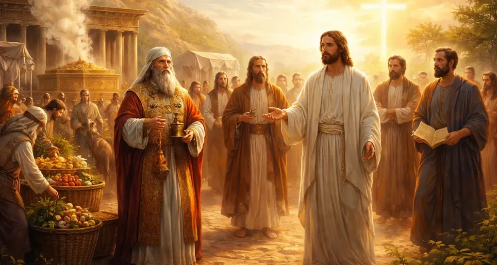Digital painting contrasting Old Covenant tithing with New Covenant fulfillment: on the left, an ornate high priest stands before the ancient Temple receiving agricultural tithes of fruit and livestock; on the right, Jesus teaches His disciples in radiant light with a glowing cross behind Him, symbolizing the shift from Levitical tithes to the fullness of Christ’s priesthood.