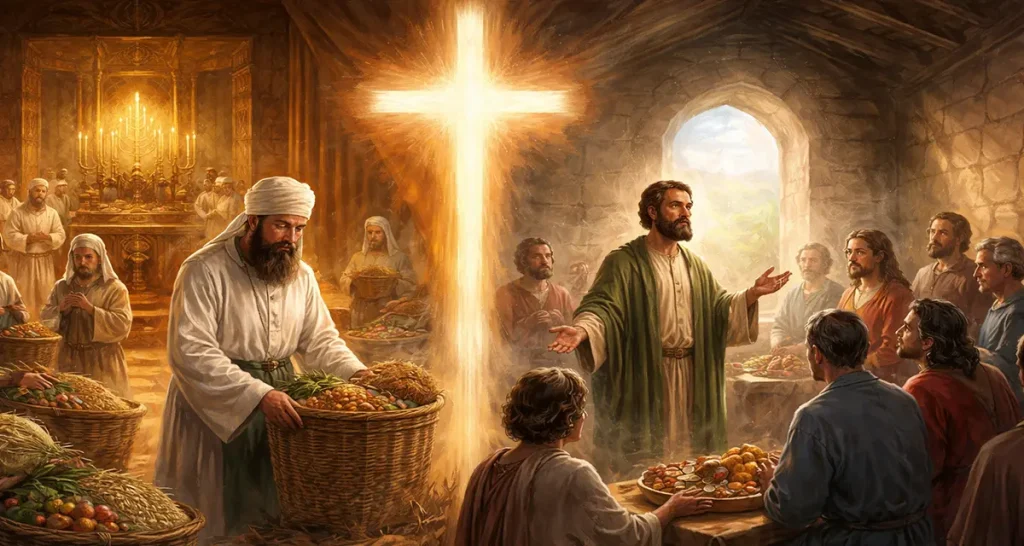 Digital painting showing an Old Testament Levite receiving tithes in the temple on the left and an early Christian teacher guiding a gathered community on the right, with a radiant cross of light between them, symbolizing discernment between the old covenant structure of tithing and the new covenant pattern of giving.