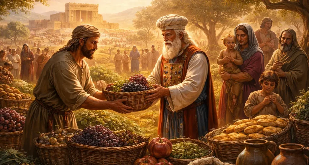 A peaceful biblical scene showing a farmer presenting a basket of harvested produce to a Levite priest, surrounded by families and baskets of grain and fruit, symbolizing the tithing system and communal provision in ancient Israel.