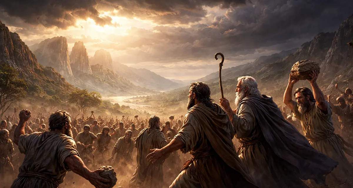 A dramatic scene of the Israelites in the wilderness attempting to stone Moses, capturing the chaos and emotional turmoil of unbelief as the crowd surges forward while Moses and the faithful leaders stand firm against the mob.